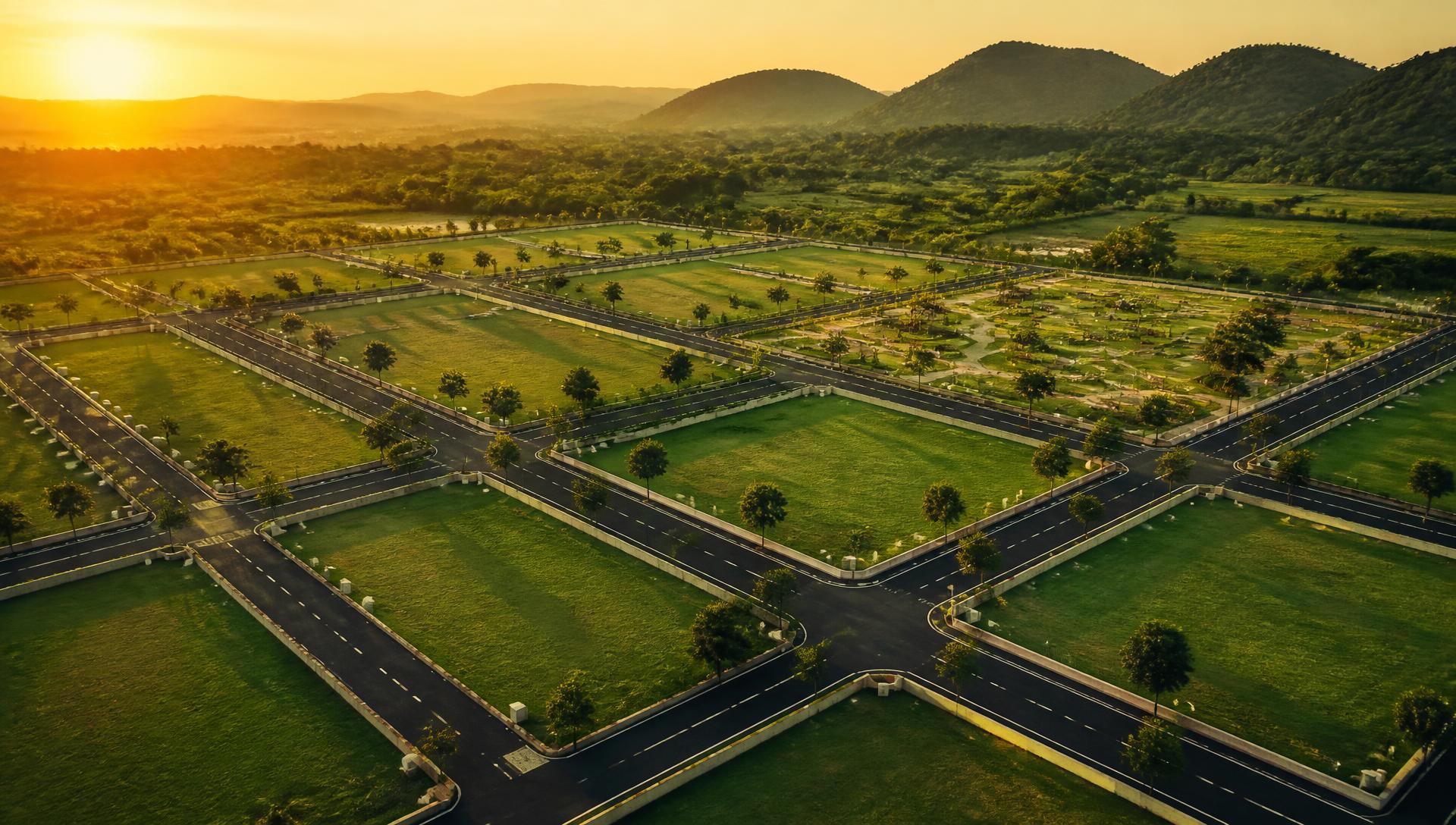 Aerial view of a premium plotted land layout at golden hour